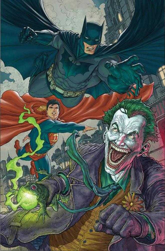 Comic book image with Batman jumping down, Superman reaching out, and the Joker holding a glowing frog.