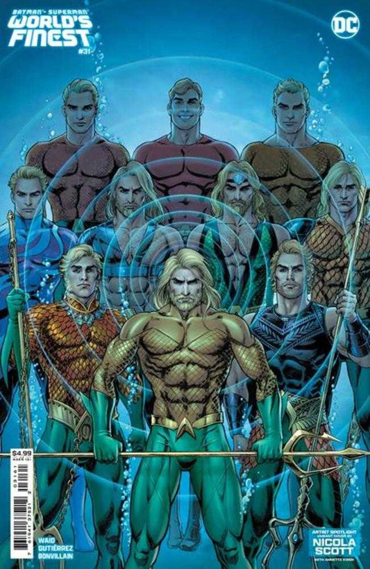 Comic book cover showing several muscular, shirtless men with blond hair and tridents, surrounded by swirling blue energy.