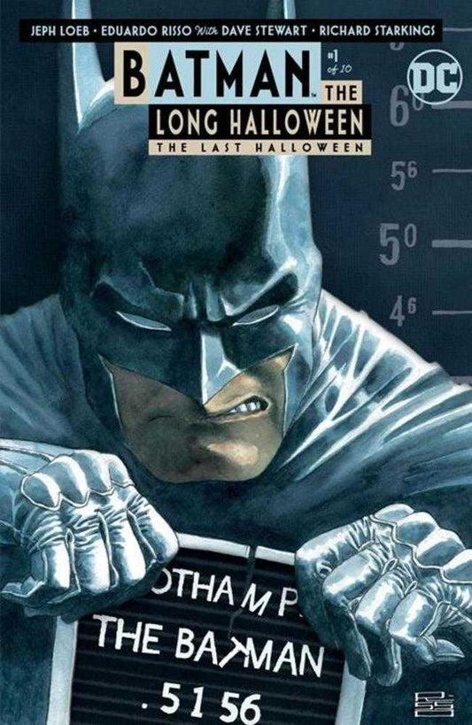 Comic book cover featuring Batman in a mugshot.