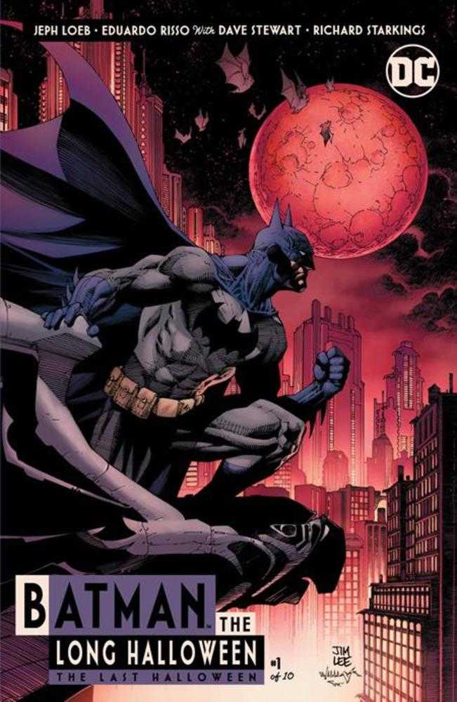 Comic book cover featuring Batman perched on a gargoyle against a backdrop of Gotham's skyline and a red moon.