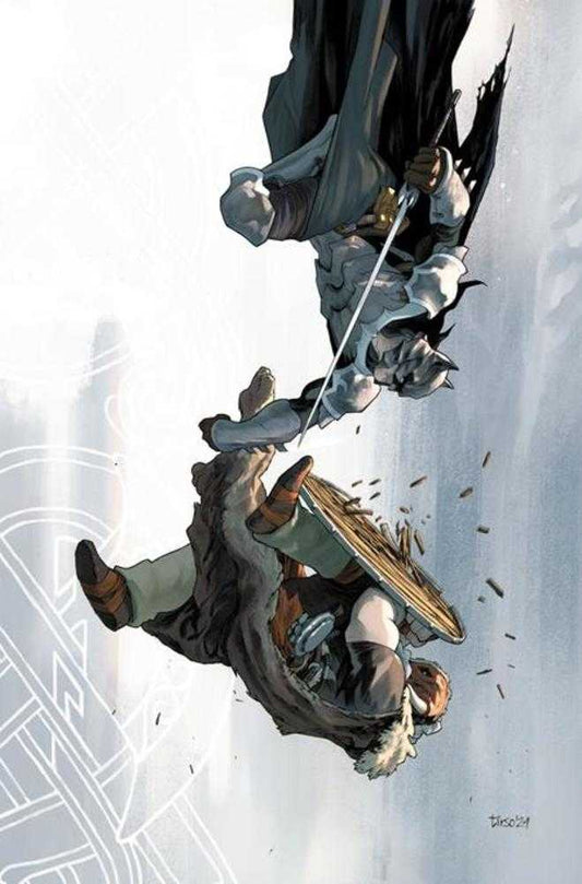 Comic art featuring Batman and a Viking mid-air battle.