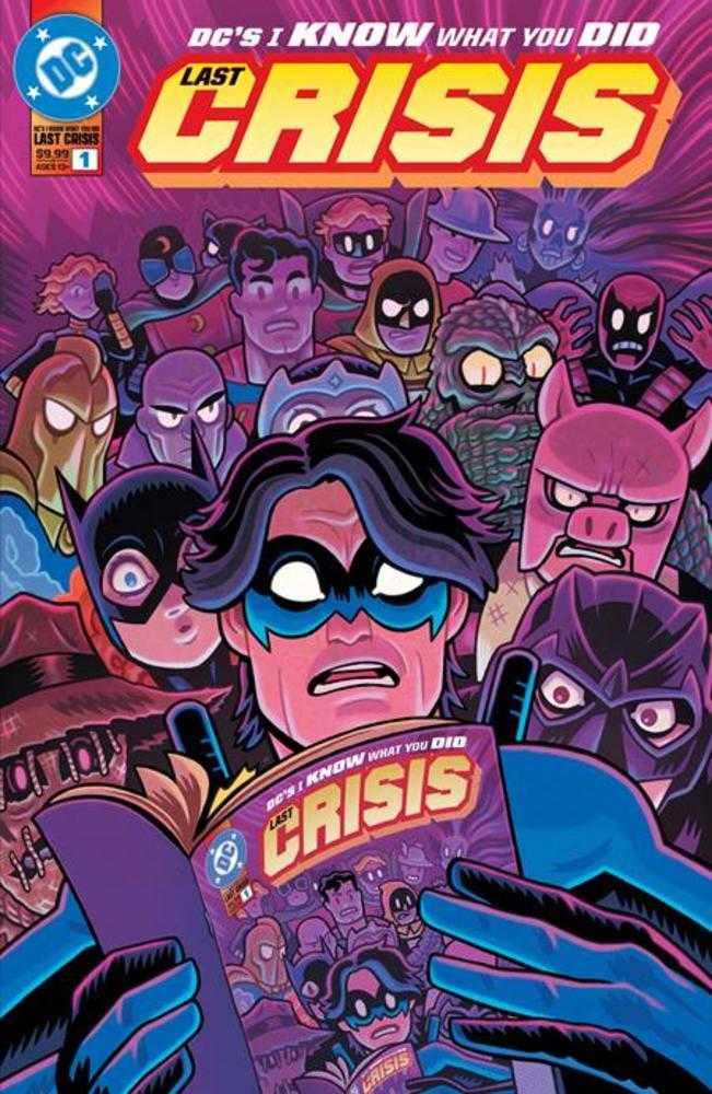 Comic book cover: "DC's I Know What You Did Last Crisis" featuring various DC characters. Nightwing is holding a copy of the same comic. The colors are vibrant and stylized.