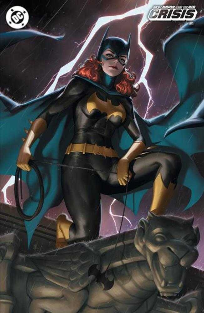 Comic book cover featuring Batgirl in a black and yellow suit, kneeling on a gargoyle statue during a thunderstorm.