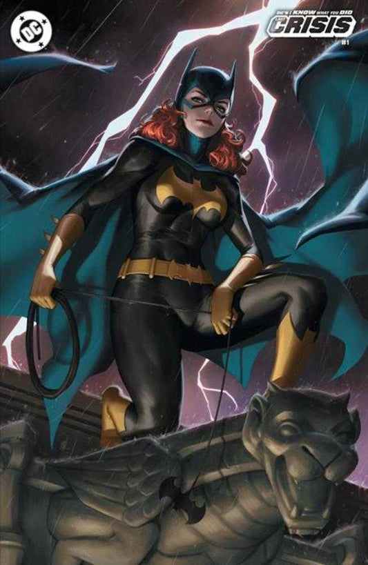 Comic book cover featuring Batgirl in a black and yellow suit, kneeling on a gargoyle statue during a thunderstorm.