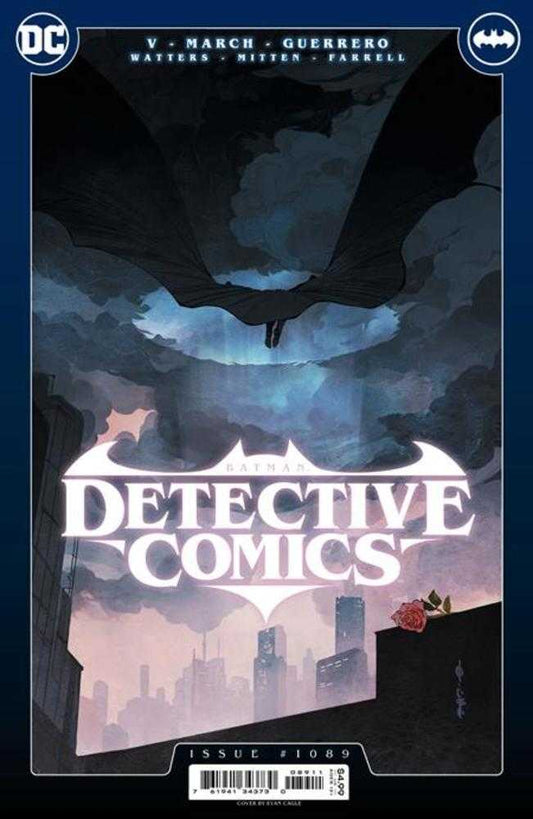 Comic book cover with Batman logo and character flying over city.