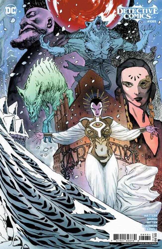Comic book cover "Detective Comics #1089": supernatural figures, including a woman with a gold mask, stand against a red moon and snow-covered landscape.