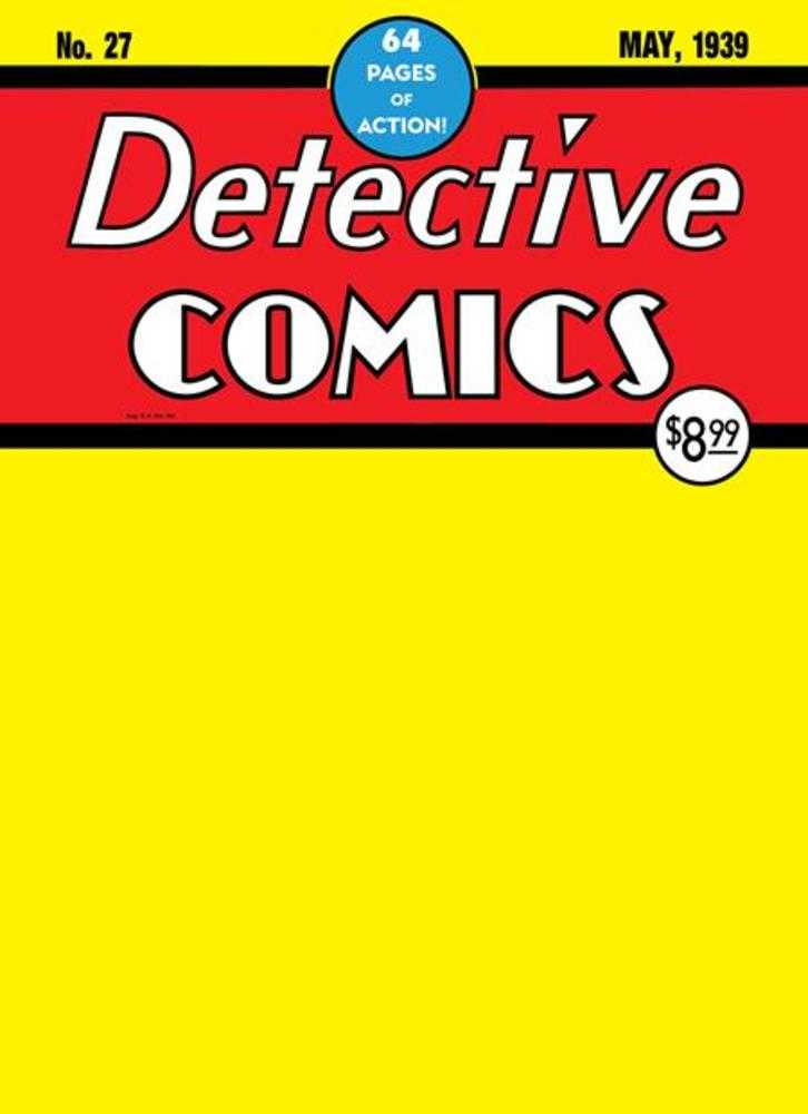 Cover of Detective Comics No. 27, May 1939. Red and yellow with white text. Blue circle in the top center. Comic book.