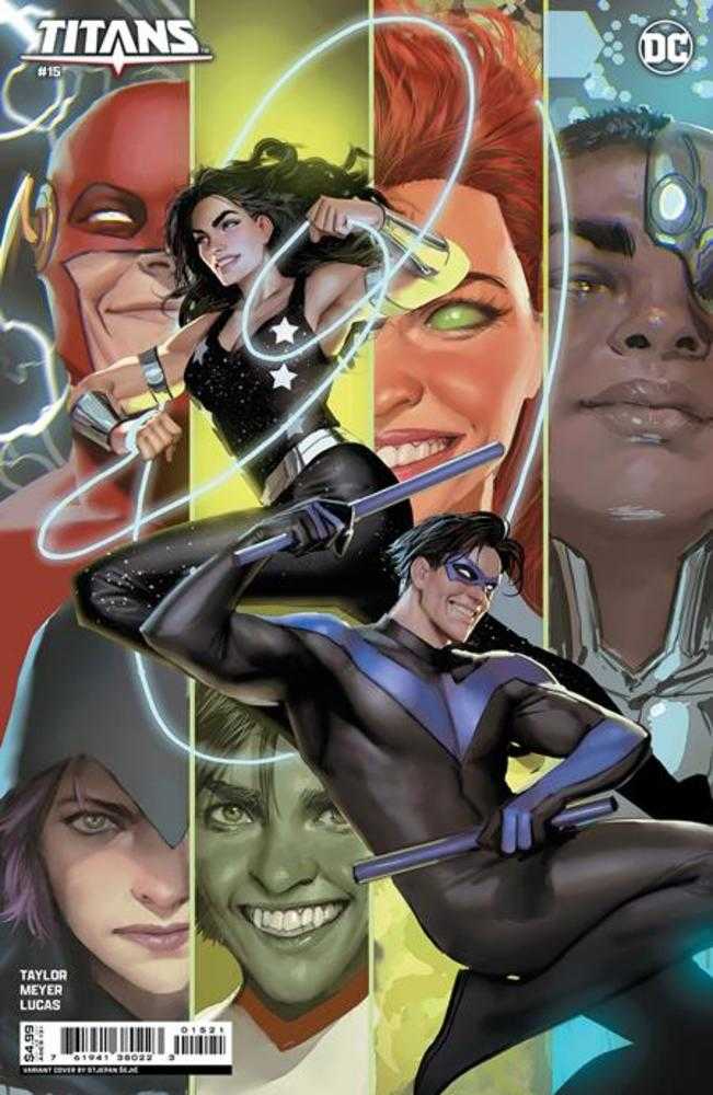 Comic book cover featuring The Titans. Characters: Flash, Donna Troy, Starfire, Cyborg, Raven, Beast Boy, and Nightwing.