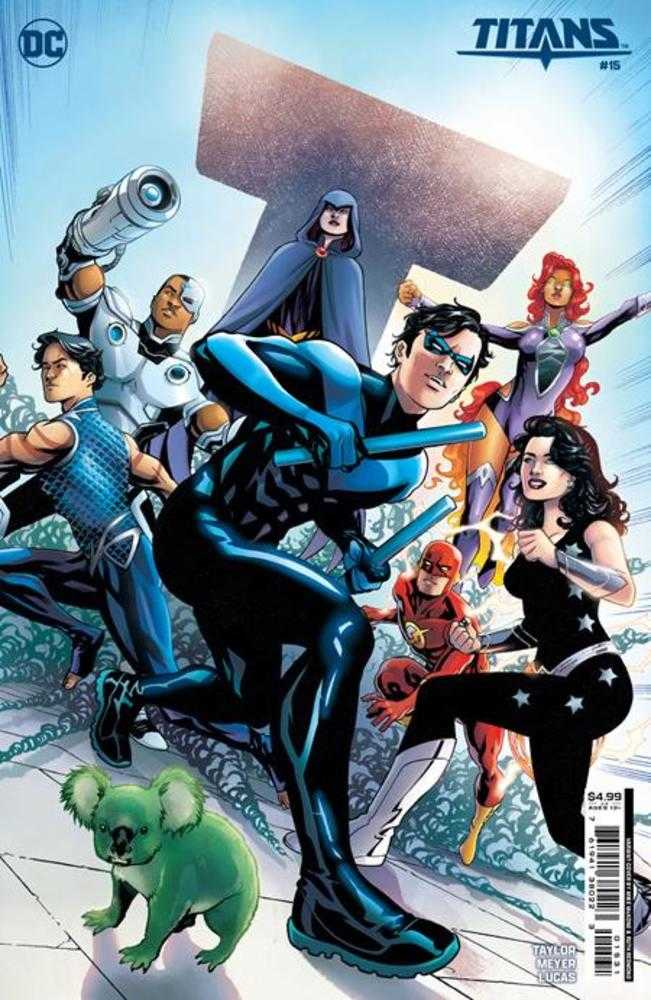Comic book cover featuring the DC Comics superhero team, the Titans. Nightwing leads in the front, followed by Cyborg, Raven, Starfire, Flash, and Wonder Girl. In the lower left is a green koala.