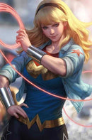 Illustration of Wonder Girl wearing a denim jacket, star earrings, and a Wonder Woman costume with a lasso.