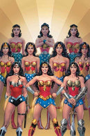 A group of Wonder Woman comic book characters stand in a group in various poses, all wearing red bustiers and blue skirts.