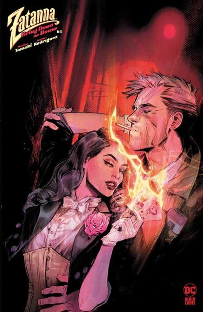 Comic book cover: Zatanna and Constantine embracing, fire in Zatanna's hand, dark background.