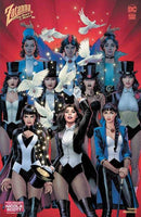 A comic book cover with several female magicians dressed in elegant suits, accompanied by white doves on a red background.