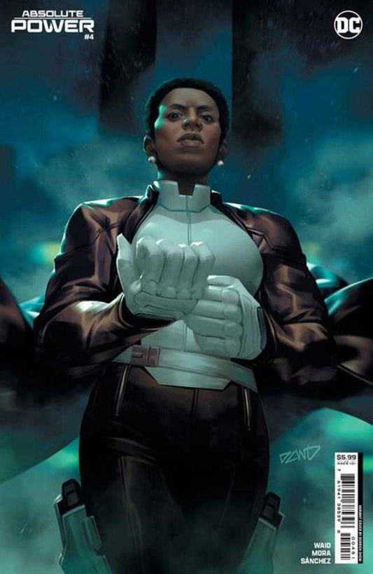 Comic book cover for Absolute Power #4. Woman wearing a dark-brown jacket, white gloves, and a futuristic gray-and-black outfit.