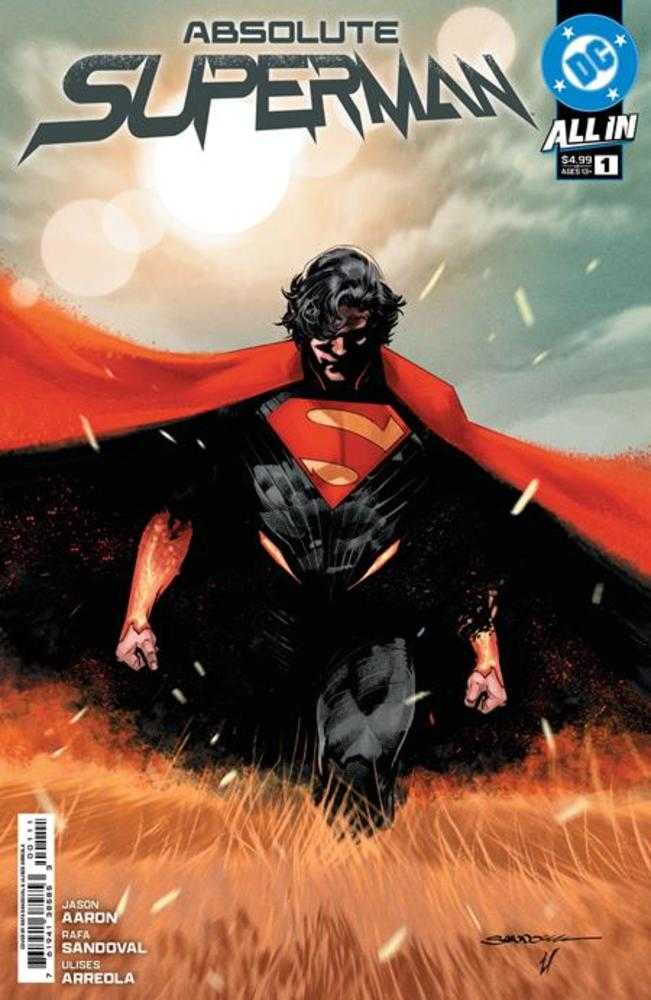 Comic book cover, "Absolute Superman: All In #1," featuring a modern Superman in a dark suit with a red cape.