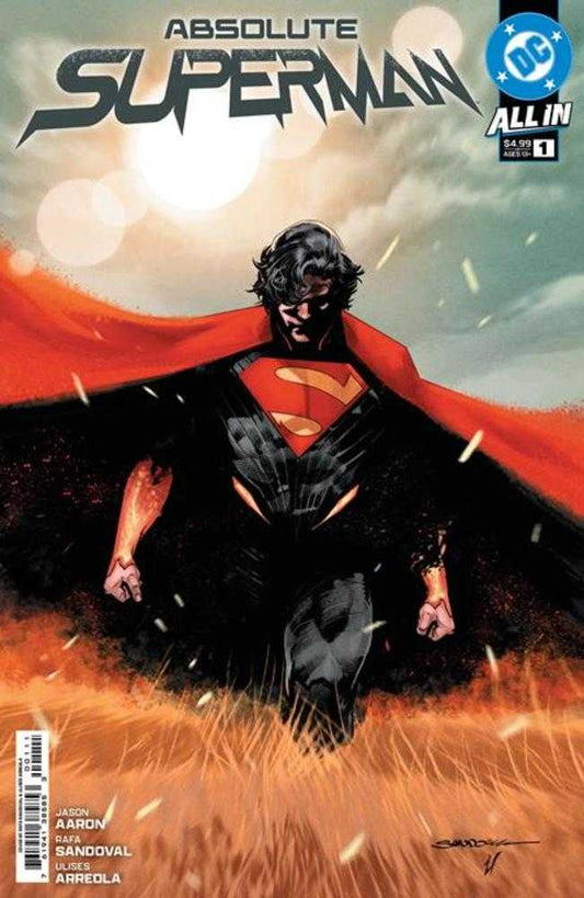 Comic book cover, "Absolute Superman: All In #1," featuring a modern Superman in a dark suit with a red cape.