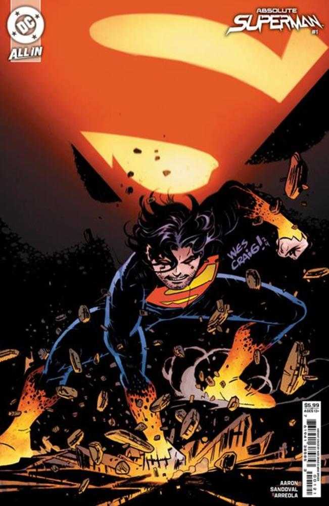 Comic book cover featuring a superhero, Superman, wearing a black suit with the iconic S symbol, poised as if in mid-air above a demolished surface with fiery effects on his hands and feet.
