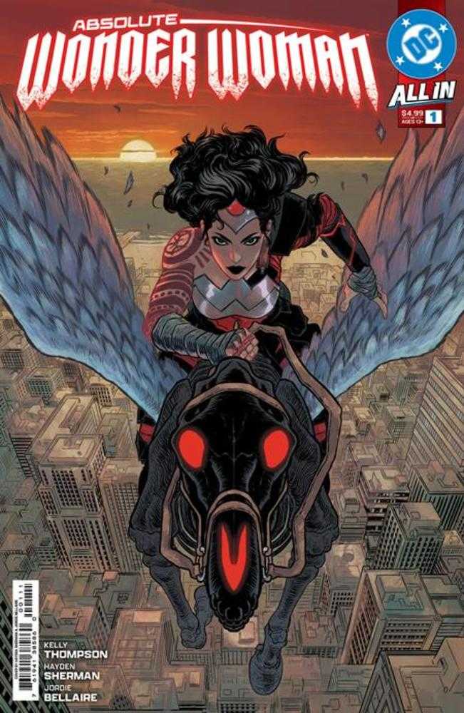 Comic book cover featuring Wonder Woman riding a winged creature.