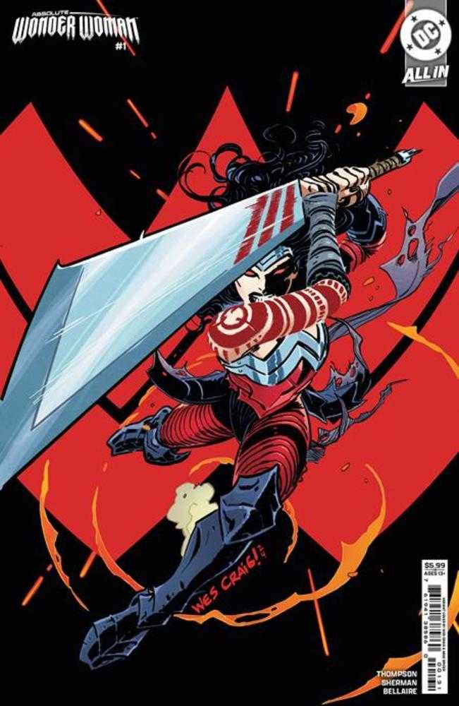 Comic book cover for "Absolute Wonder Woman #1" features Wonder Woman in a red and blue costume holding a large sword against a black and red background.
