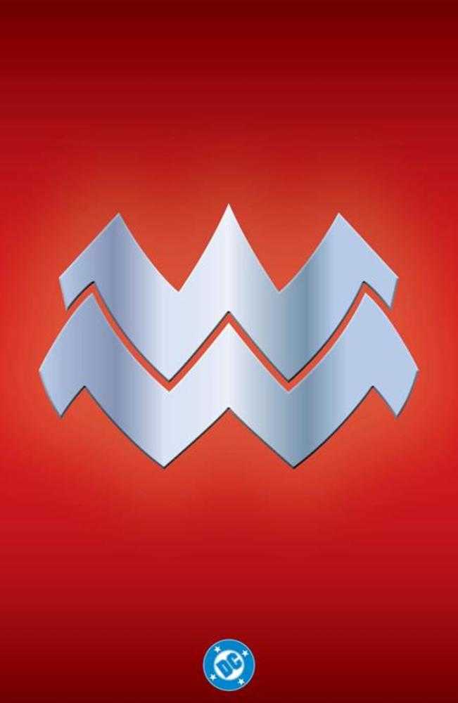 Red background with a metallic silver double-zigzag emblem, and a small blue and white DC logo in the lower right corner.