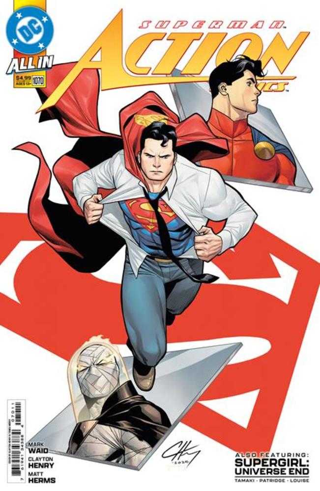 Comic book cover: Superman ripping open shirt, Supergirl, and a masked character.