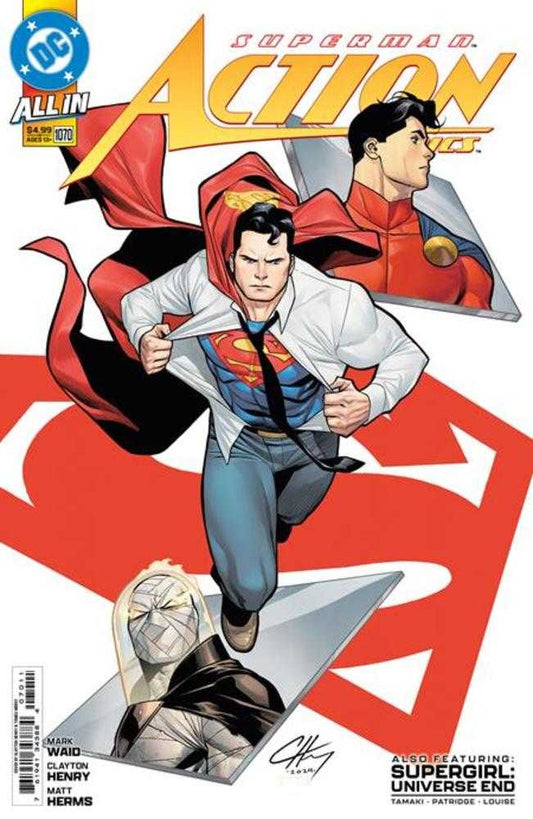 Comic book cover: Superman ripping open shirt, Supergirl, and a masked character.
