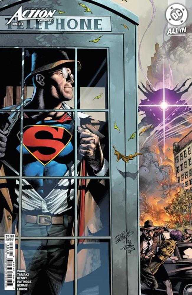 Superman in a telephone booth, changing from Clark Kent. Buildings on fire in the background.