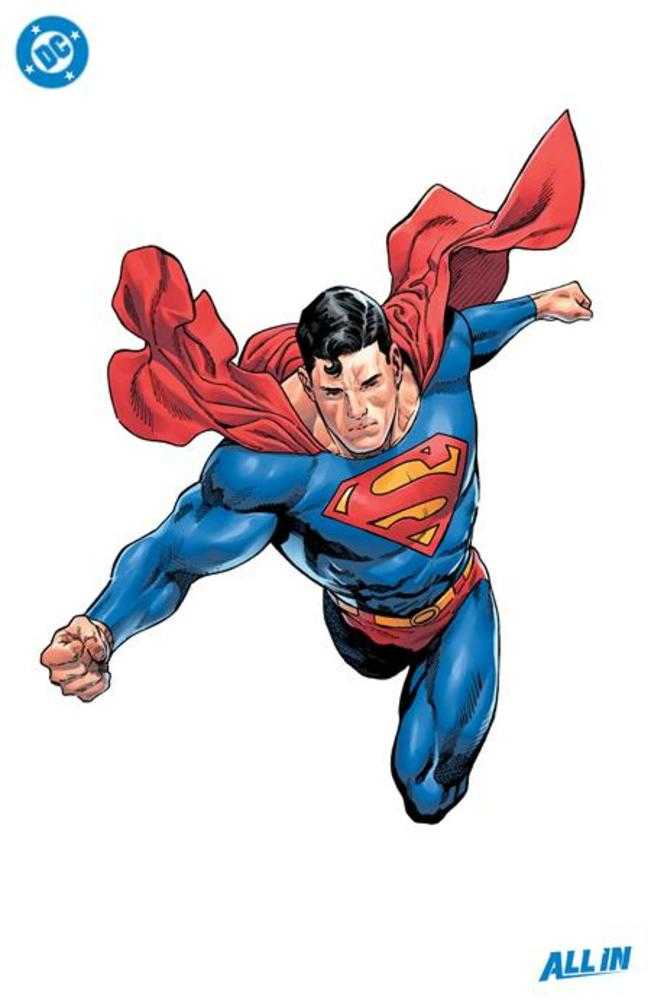 Superman flying forward with his red cape flowing behind him.