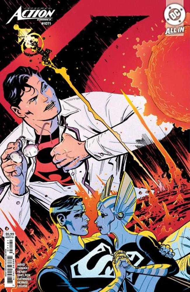 Comic book cover: Superman in a lab coat holding glasses, blue-skinned Superman and woman embrace, red and orange background.