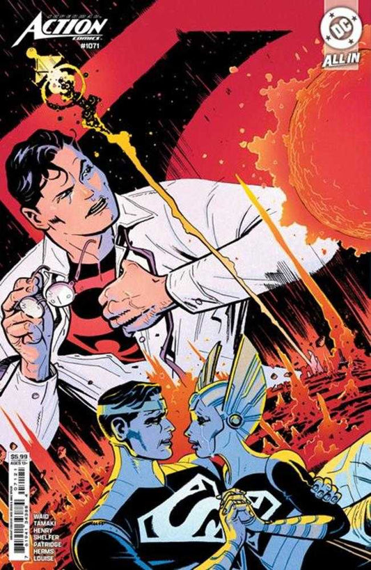 Comic book cover: Superman in a lab coat holding glasses, blue-skinned Superman and woman embrace, red and orange background.