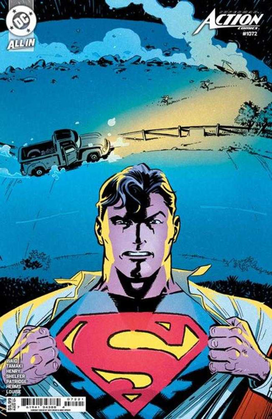 Comic book cover with Superman and a truck in a field.