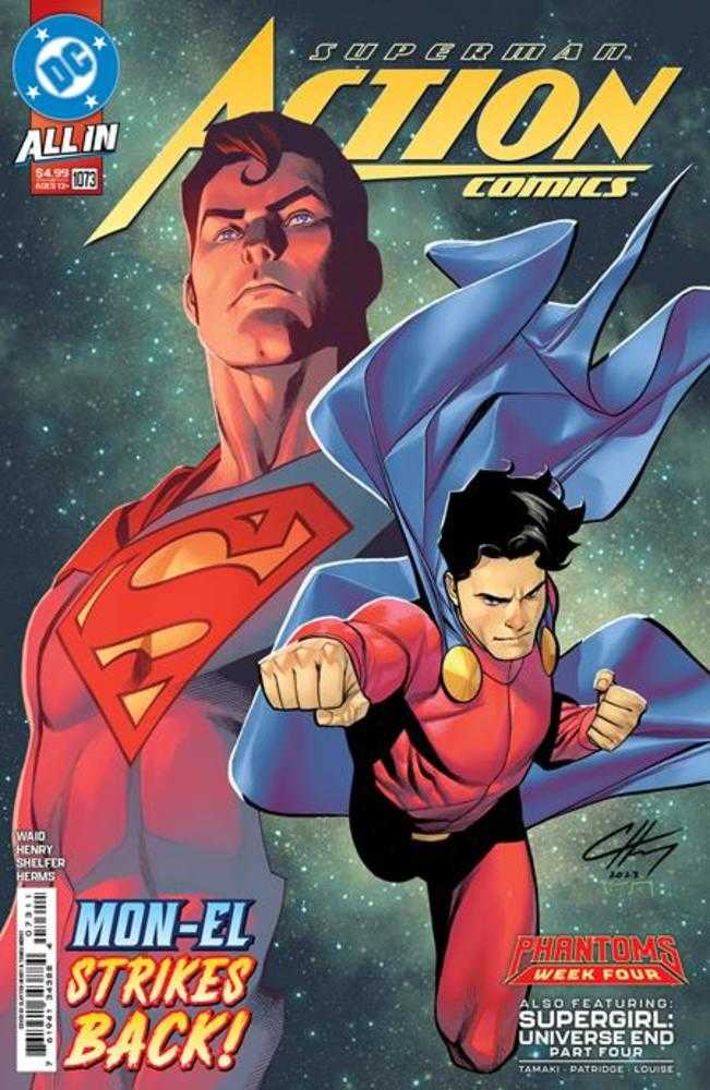 Comic book cover: Superman and Mon-El in space, "Action Comics" title, "Mon-El Strikes Back!" text.
