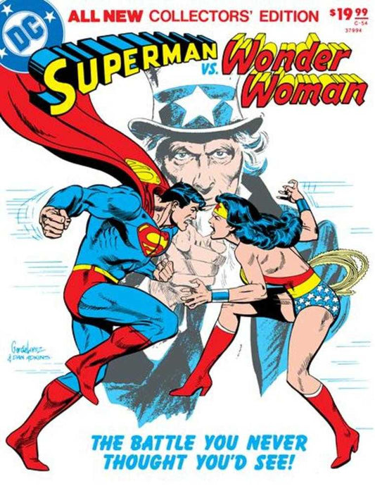 Comic book cover featuring Superman and Wonder Woman facing each other in a fighting pose against a backdrop of Uncle Sam, with bold text announcing the "All New Collectors' Edition" and the confrontation.