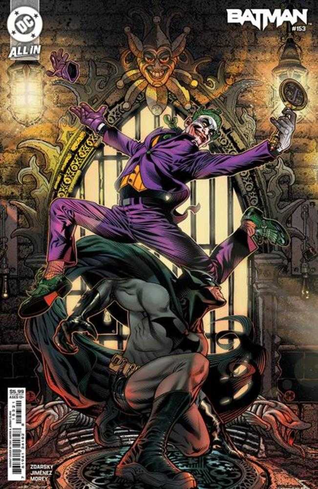 Comic book cover featuring Batman and The Joker. The Joker stands above Batman in purple suit and green shoes.