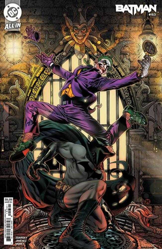 Comic book cover featuring Batman and The Joker. The Joker stands above Batman in purple suit and green shoes.