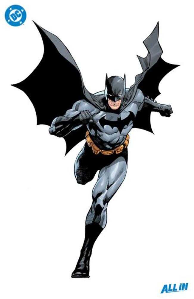 Illustration of Batman in a gray suit, black cape, and yellow belt. He is running.