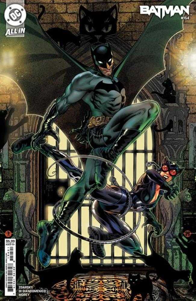 Comic book cover featuring Batman and Catwoman in action. Batman leaps forward, his cape spread wide, while Catwoman is bound by a rope. Black cats surround them in a gothic setting.