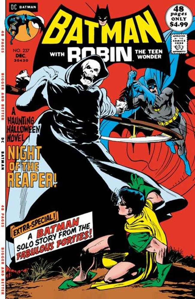 Comic book cover: Batman, Robin, and a skeletal figure.