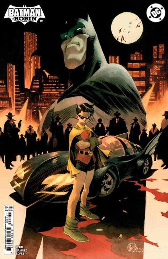 Comic book cover featuring Batman and Robin, with vintage-style architecture and shadowy figures in the background.