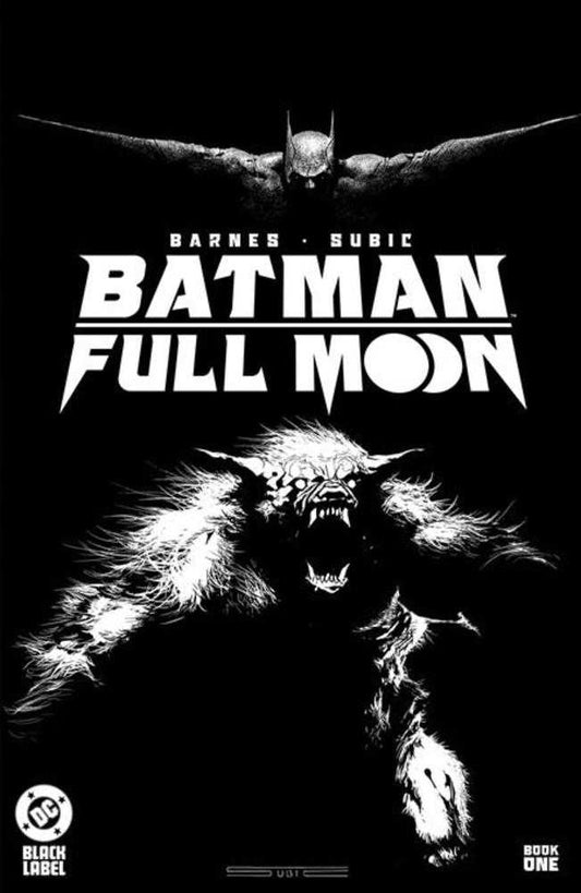 Comic book cover for "Batman: Full Moon" with Batman in the sky and a werewolf below. The cover is black and white.