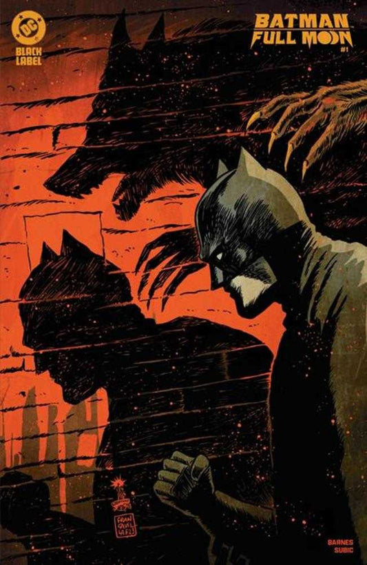 Comic book cover featuring Batman. Batman, with a determined expression, stands in profile against a brick wall with a wolf-like creature looming behind him.
