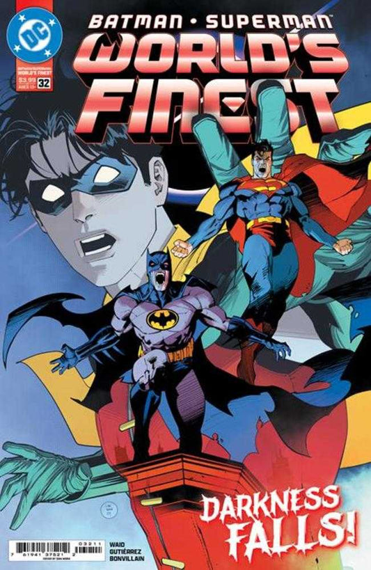 Comic book cover featuring Batman, Superman, and Robin in distressed poses against a red, yellow, and blue backdrop.