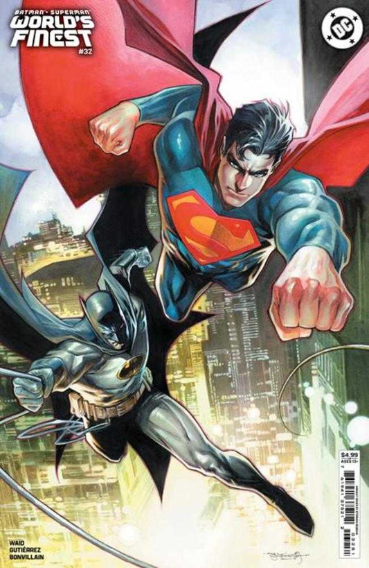 Comic book cover featuring Batman and Superman mid-air, with cityscape background.