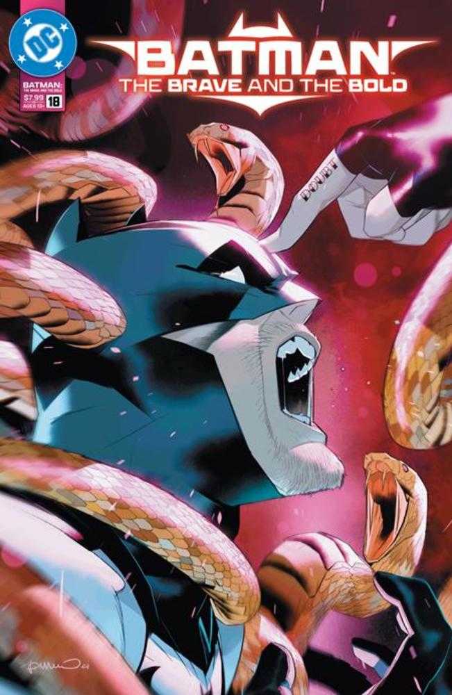 Comic book cover for "Batman: The Brave and the Bold," issue #18, featuring Batman surrounded by snakes. He has his mouth open, appearing to yell. 