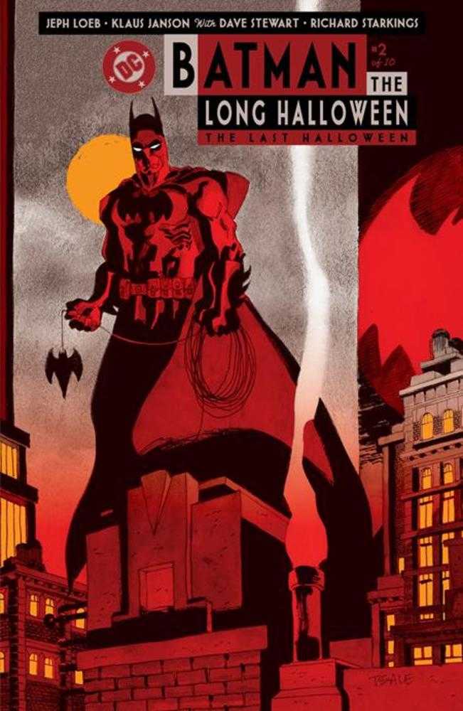 Comic book cover for Batman: The Long Halloween, featuring Batman in red standing over city buildings against a yellow and red sky.