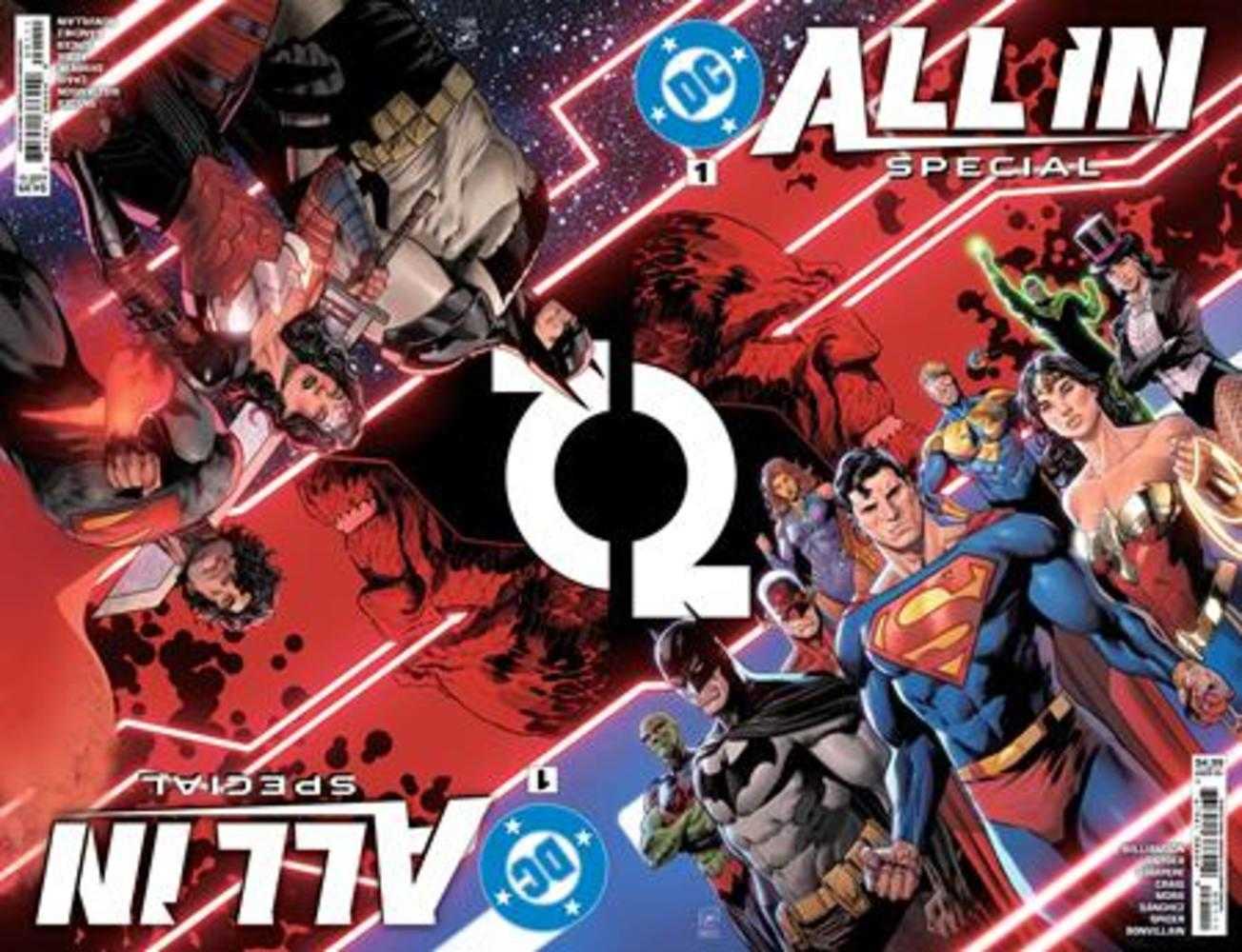 Comic book cover, "All In Special", featuring DC superheroes in action poses.