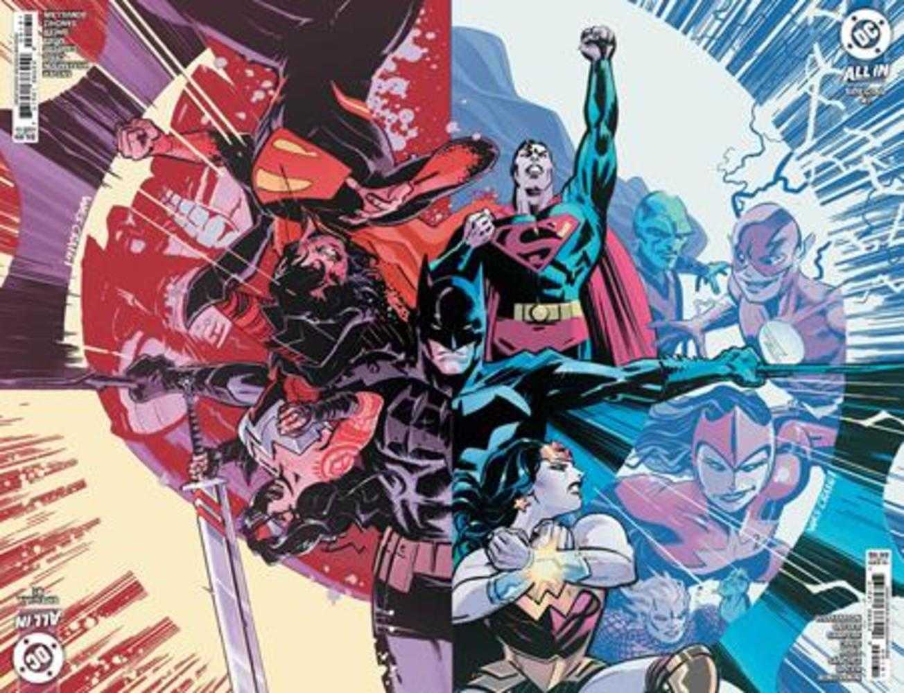 Comic book cover art. Split image shows characters like Superman, Batman, Wonder Woman, and Flash on one side. Other side shows darker figures with swords and capes. Red and blue split background. DC Comics logo.