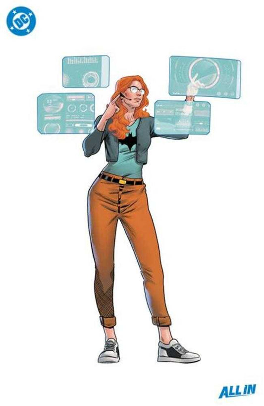 A full-length shot of a red-haired woman wearing a Batman shirt, jacket, pants, and sneakers is featured in this image.