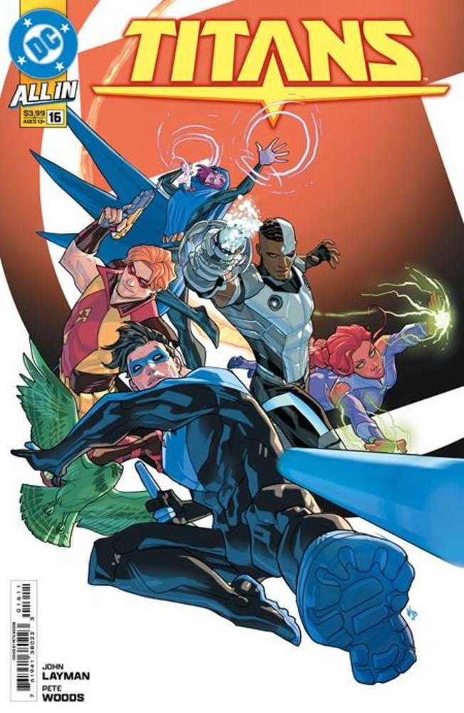 Comic book cover of DC's Titans #16, featuring Nightwing, Cyborg, Starfire, Arsenal, Tempest, and Raven against an orange background.
