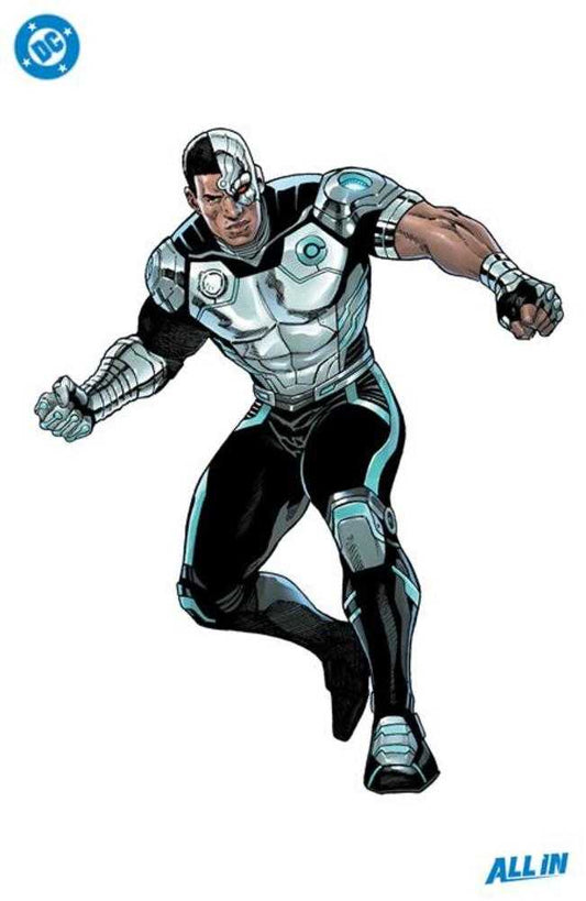 Cyborg comic book art, running stance, silver and black suit.